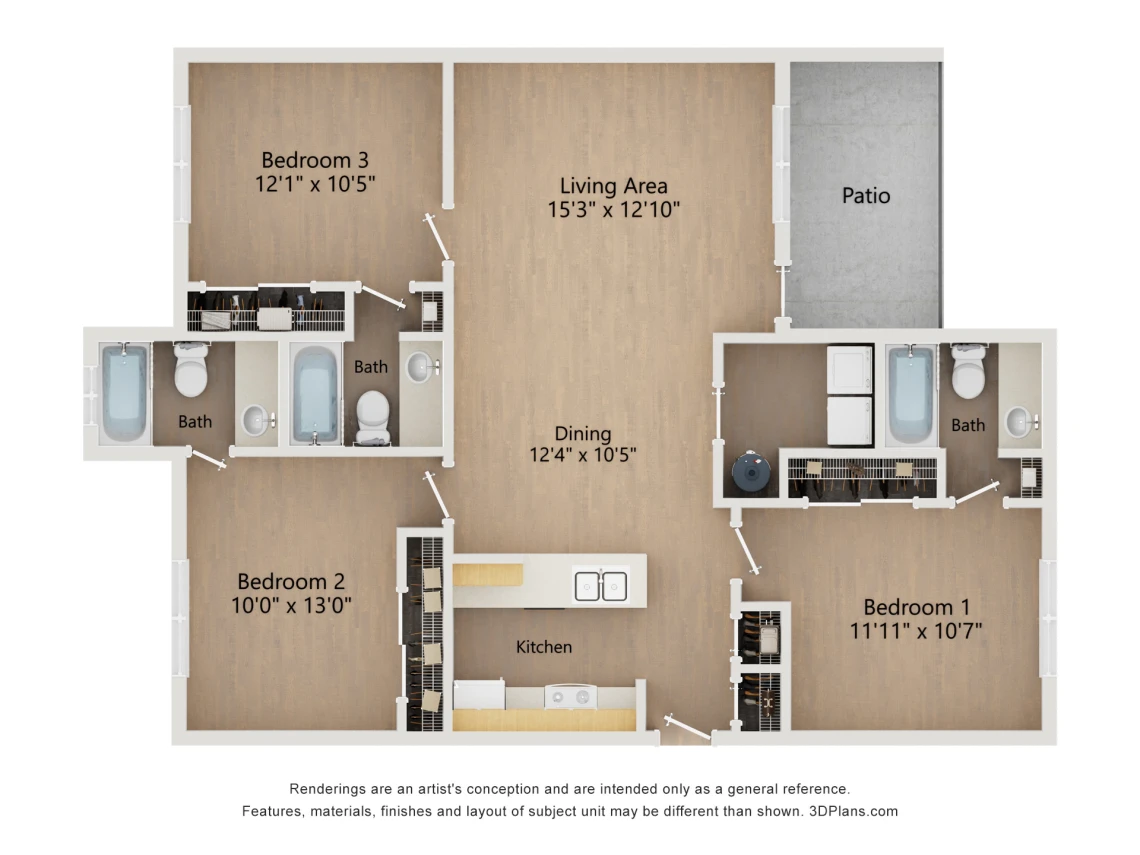 C1: 3 Bed 3 Bath floor plan